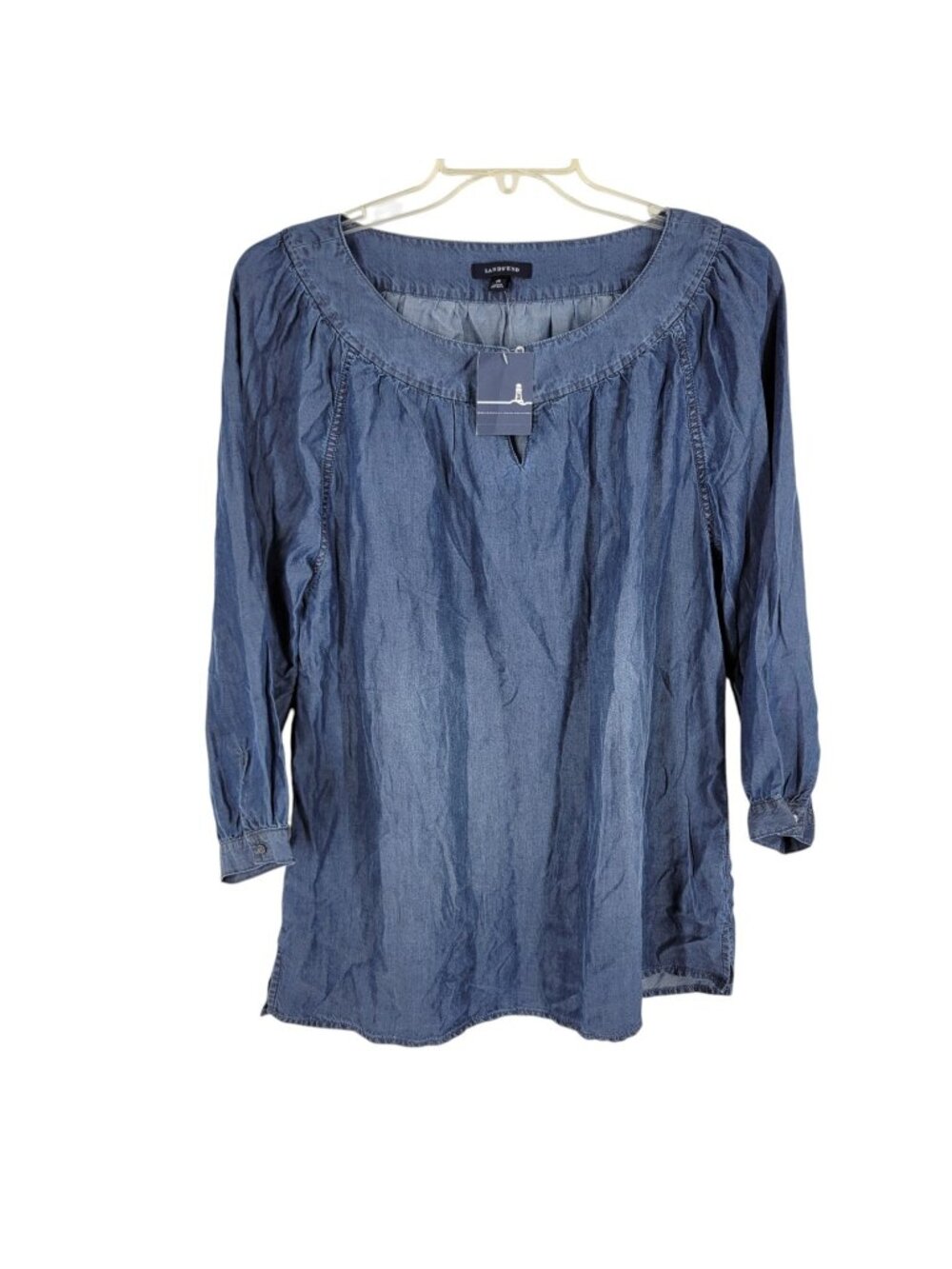 Lands’ End Lyocell Chambray Peasant Blouse 16 Blue Boho Cottagecore Tunic